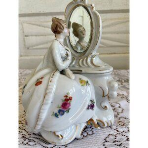 Antique 1940s Porcelain Lady Mirror Fairing/Powder.Trinket box